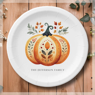 Boho Folk Pumpkin Thanksgiving Paper Plates