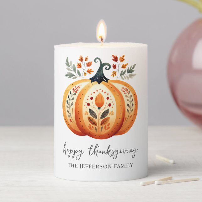 Boho Folk Pumpkin Thanksgiving Pillar Candle (In Situ)