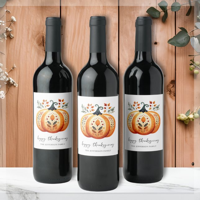 Boho Folk Pumpkin Thanksgiving Wine Label (Creator Uploaded)