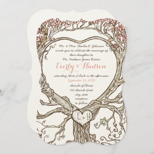 Boho Forest Heart Shaped Tree Initials in Trunk Invitation
