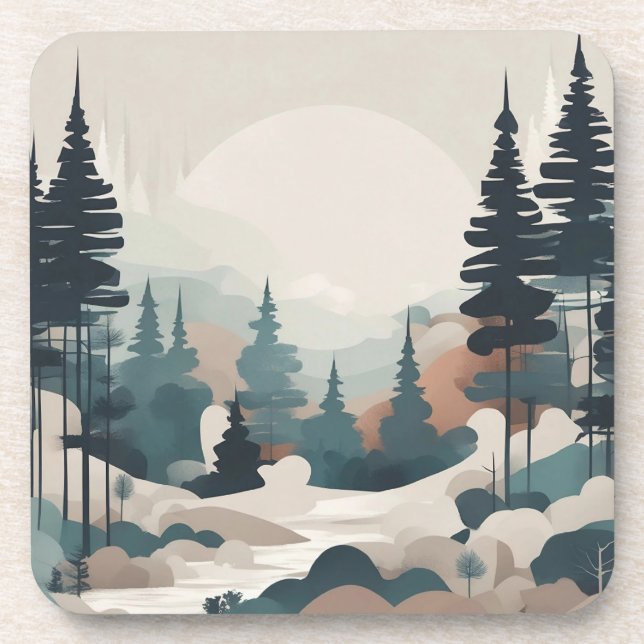 Boho Forest Landscape Artwork Beverage Coaster (Front)