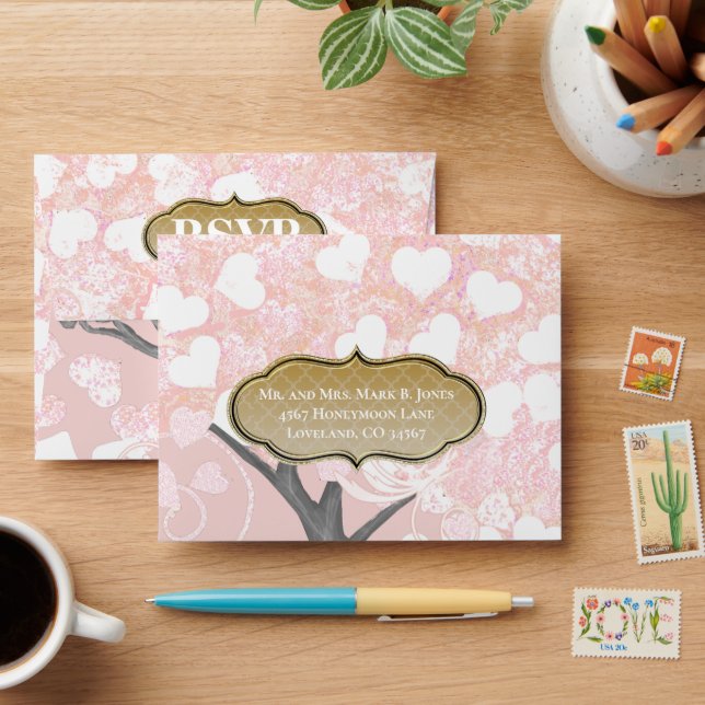 Boho Forest Pink Heart Leaf Tree Wedding Envelope (Desk)