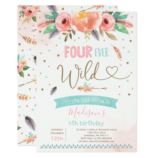 Download Boho Four Ever Wild Birthday Invitation Watercolor ...