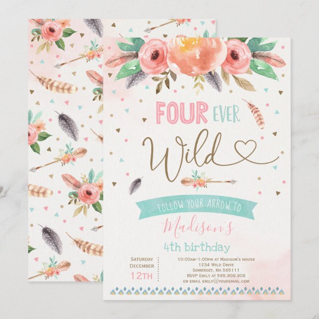 Boho Four Ever Wild Birthday Invitation Watercolor (Front/Back)