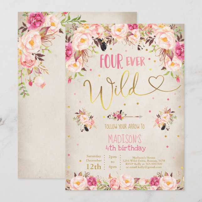 Boho Four Ever Wild Birthday Invitation Watercolor (Front/Back)