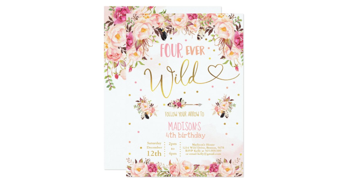 Download Boho Four Ever Wild Birthday Invitation Watercolor ...