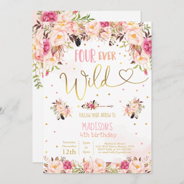 Boho Four Ever Wild Birthday Invitation Watercolor (Front/Back)