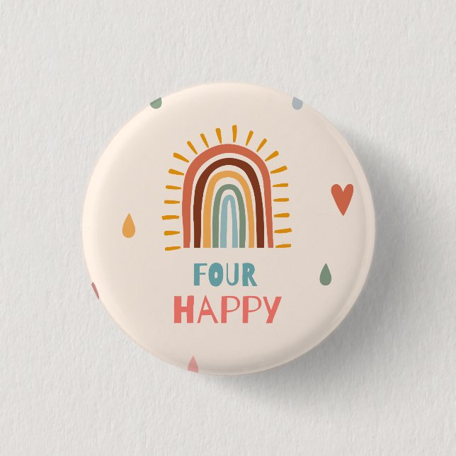 Boho Four Fourth Birthday Rainbow  Button (Front)