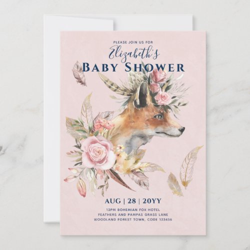 Boho FOX Baby Shower Woodland Feathers Floral Invitation