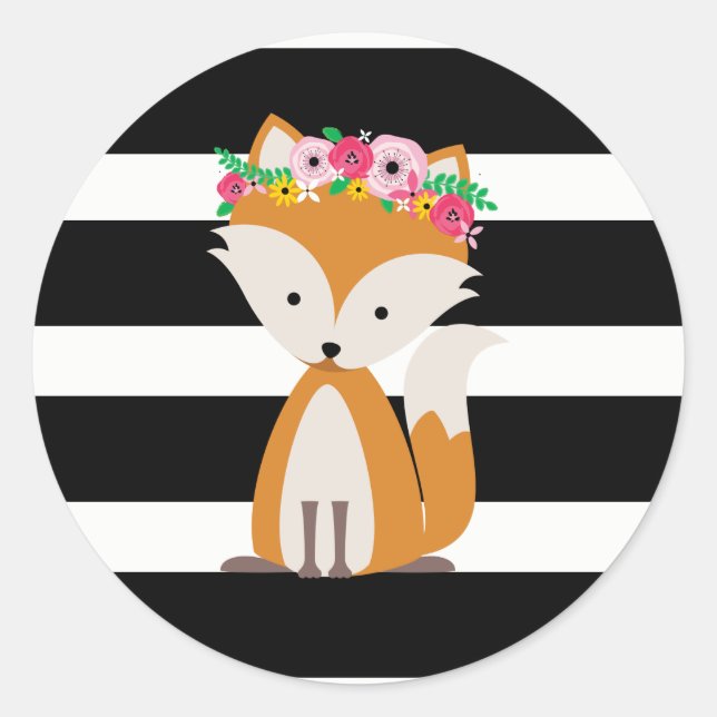 Boho Fox Black + White Stripe Baby Shower Classic Round Sticker (Front)