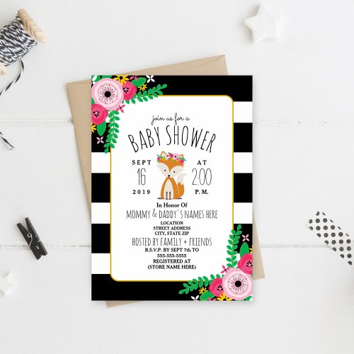 Boho Fox Black  White Stripe Baby Shower Invite