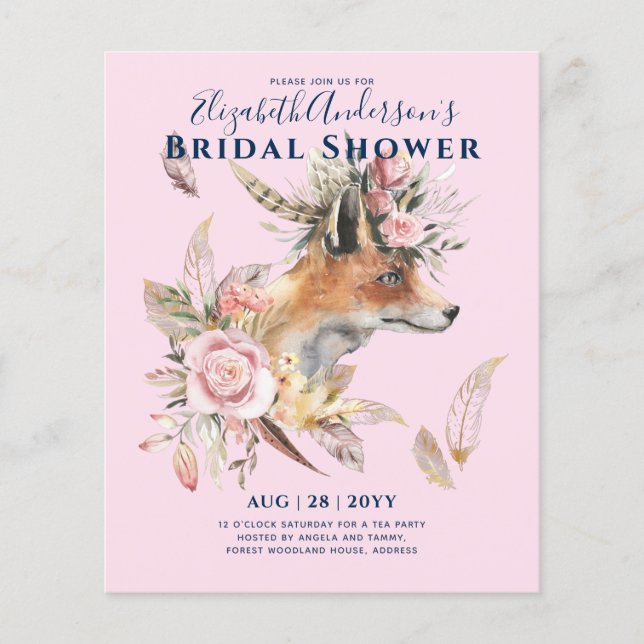 Boho FOX Bridal Shower Woodland Feathers Floral Flyer (Front)