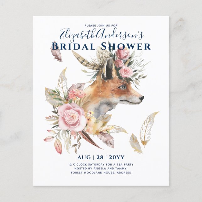 Boho FOX Bridal Shower Woodland Feathers Floral Flyer (Front)