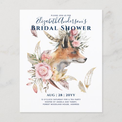 Boho FOX Bridal Shower Woodland Feathers Floral Flyer