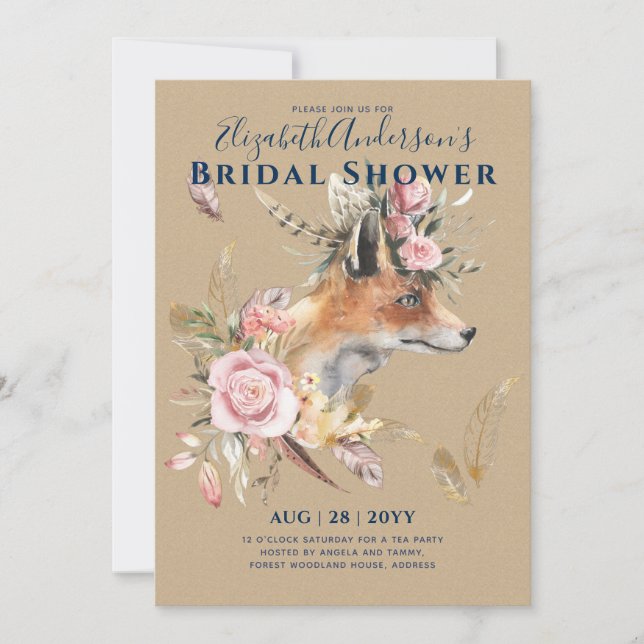 Boho FOX Bridal Shower Woodland Feathers Floral Invitation (Front)