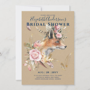 Boho FOX Bridal Shower Woodland Feathers Floral Invitation