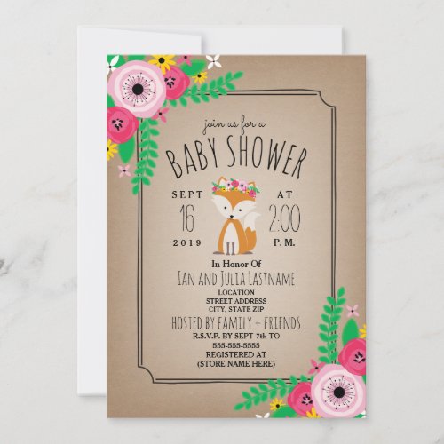 Boho Fox Cardstock Inpired Stripe Baby Shower Invitation