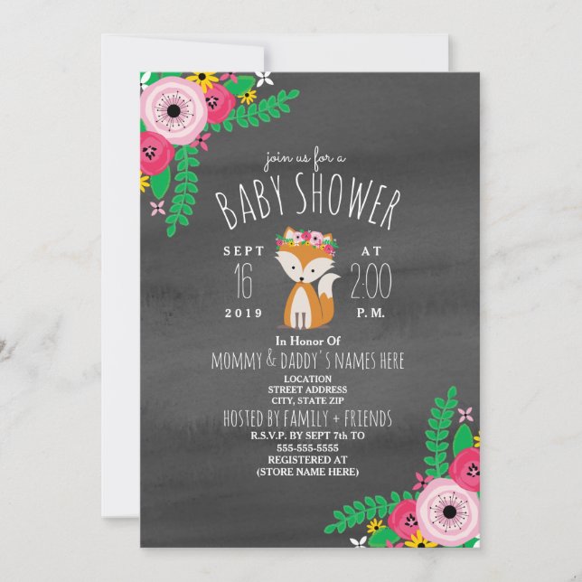 Boho Fox Dark Gray Watercolor Baby Shower Invite (Front)