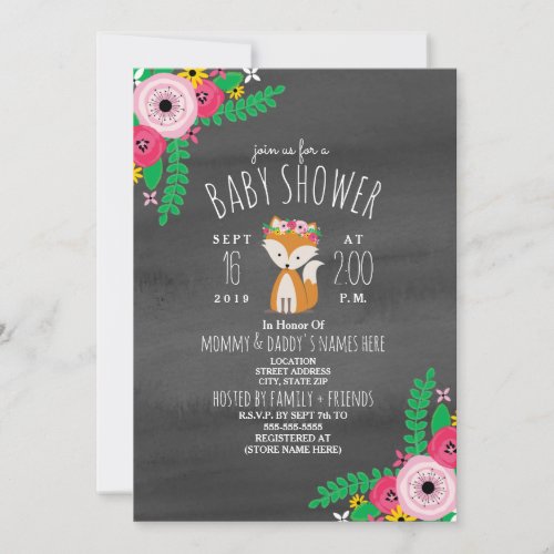 Boho Fox Dark Gray Watercolor Baby Shower Invite