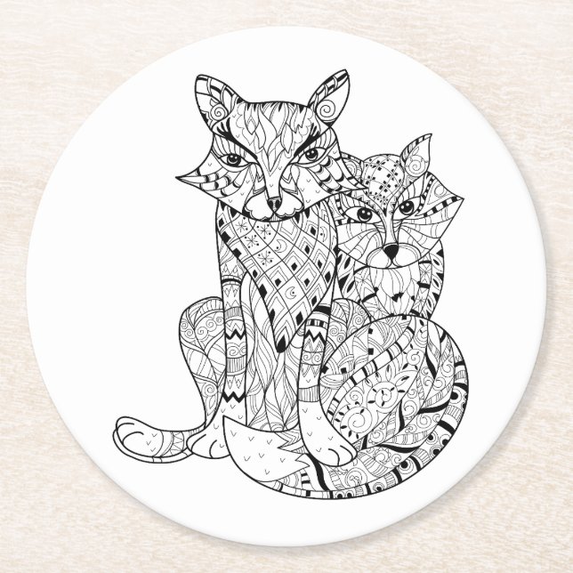 Boho Fox Doodle Round Paper Coaster (Front)