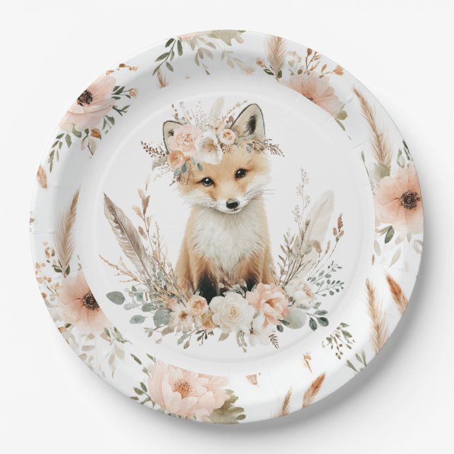 Boho Fox Girl Woodland Party Paper Plates (Front)