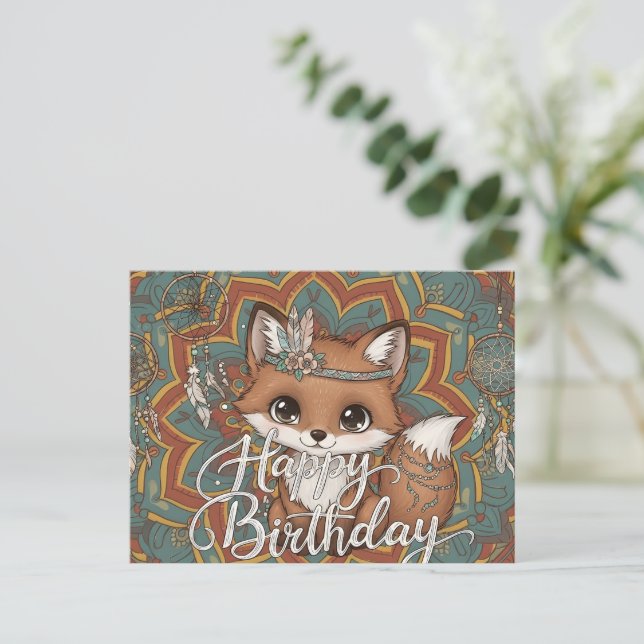Boho Fox Happy Birthday Card  (Standing Front)