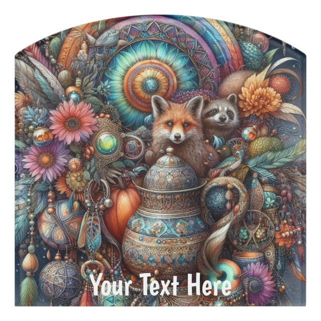 Boho Fox Raccoon Floral Design Door Sign (Contour Front)