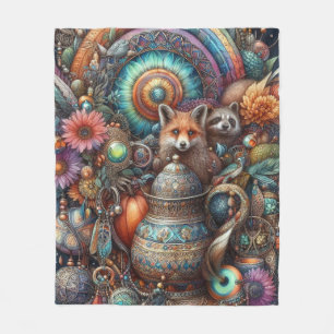 Boho Fox Raccoon Floral Design Fleece Blanket