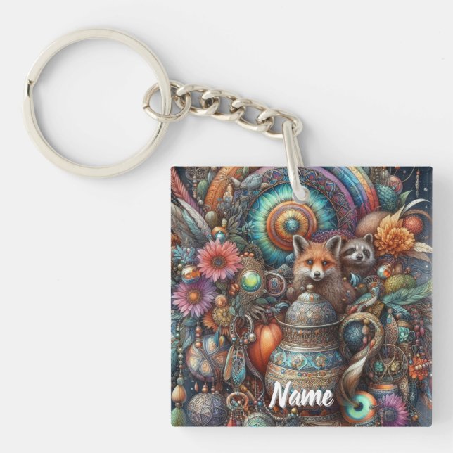 Boho Fox Raccoon Floral Design Keychain (Front)