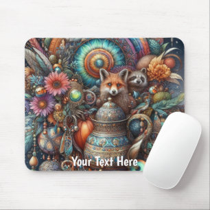 Boho Fox Raccoon Floral Design Mouse Pad