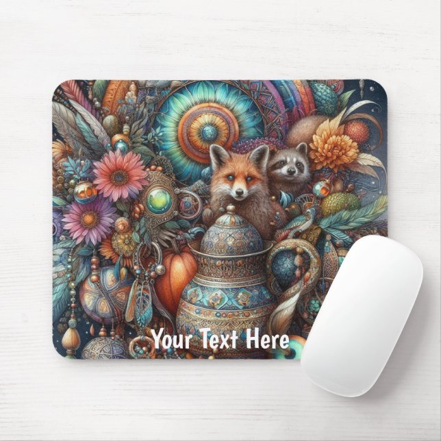 Boho Fox Raccoon Floral Design Mouse Pad (With Mouse)