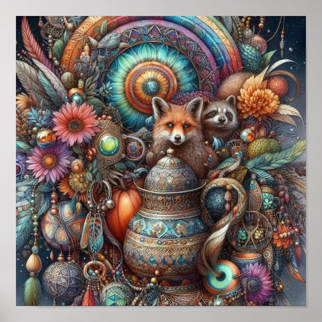 Boho Fox Raccoon Floral Design Poster (Front)