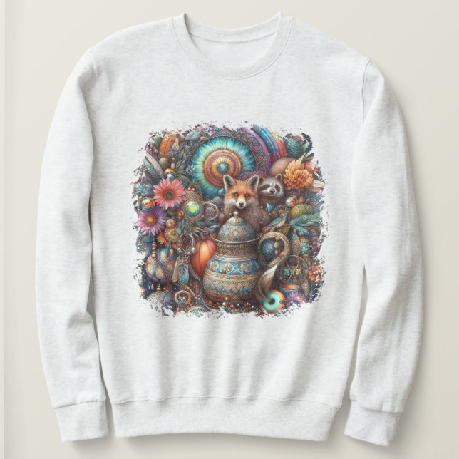 Boho Fox Raccoon Floral Design Sweatshirt (Design Front)
