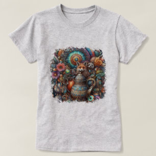 Boho Fox Raccoon Floral Design T-Shirt