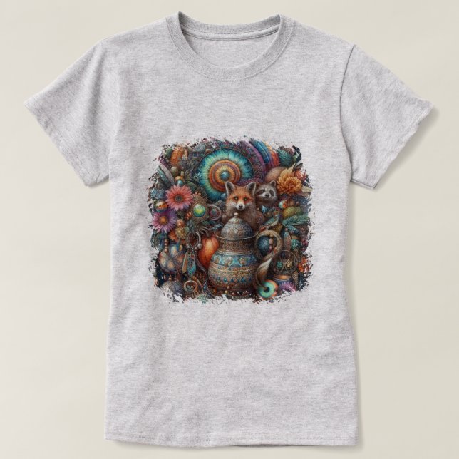 Boho Fox Raccoon Floral Design T-Shirt (Design Front)