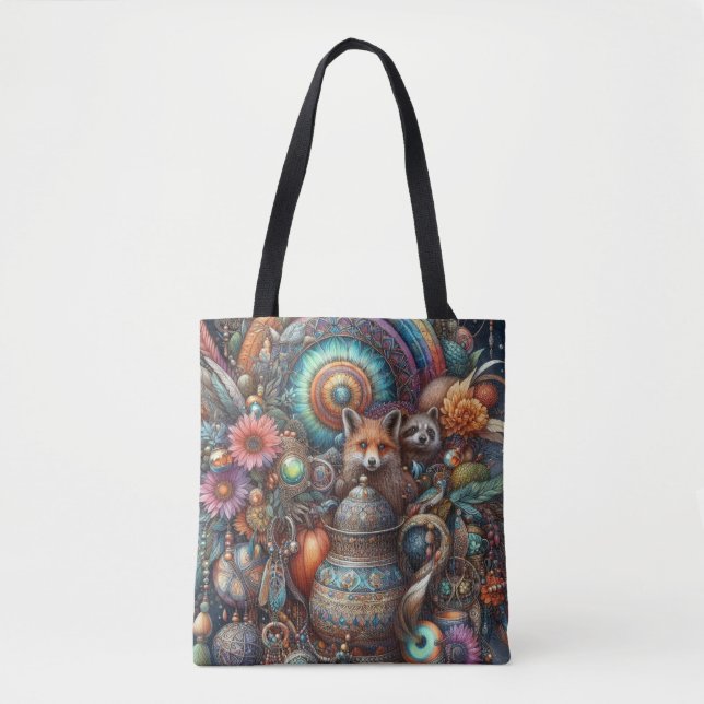Boho Fox Raccoon Floral Design Tote Bag (Front)