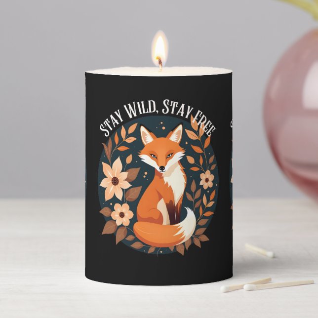 Boho Fox "Stay Wild, Stay Free" Woodland Dark Pillar Candle (In Situ)