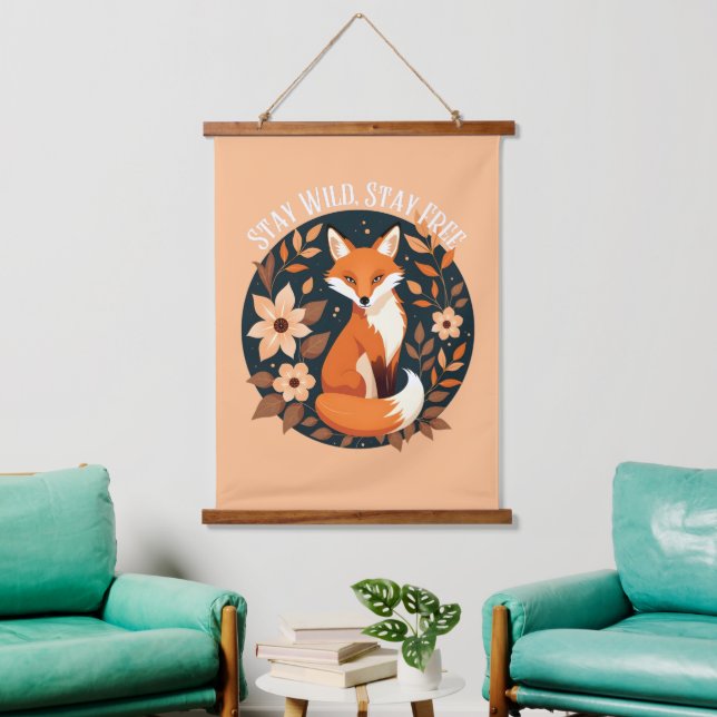 Boho Fox "Stay Wild, Stay Free" Woodland Design Hanging Tapestry (Living Room)