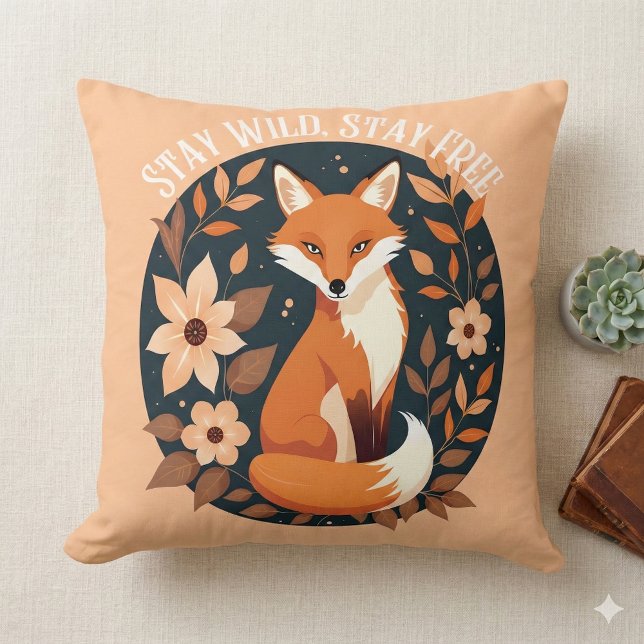 Boho Fox "Stay Wild, Stay Free" Woodland Design Throw Pillow (Boho Fox Stay Wild, Stay Free Woodland Design Throw Pillow Mockup A)