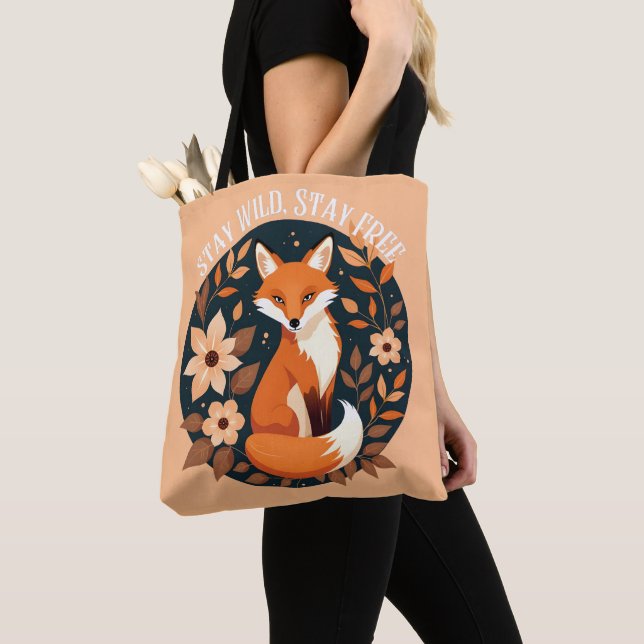Boho Fox "Stay Wild, Stay Free" Woodland Design Tote Bag (Close Up)