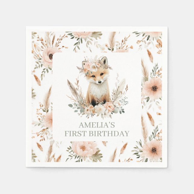 Boho Fox Woodland Themed Birthday Party Napkins (Front)