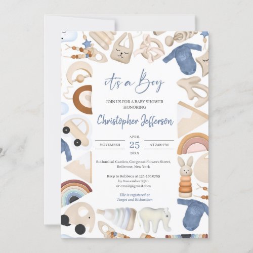 Boho frame baby boy clothes and toys neutral  invitation