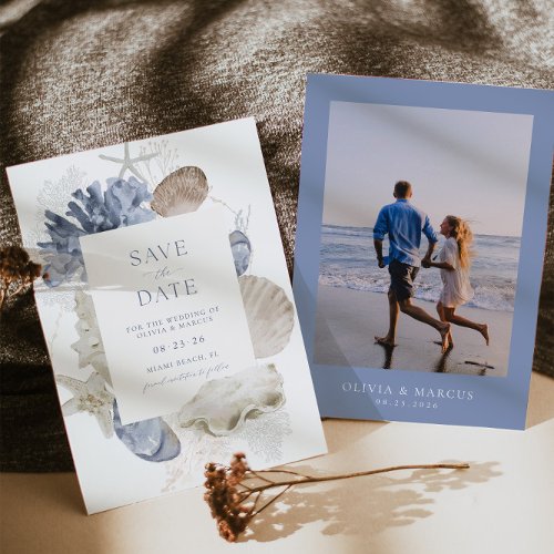 Boho Frame Beach Shell Dusty Blue Photo Wedding Save The Date