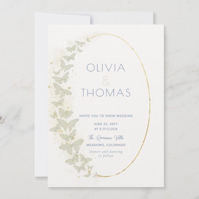 Boho Frame Blue Gold Butterflies Elegant Wedding Invitation (Front)