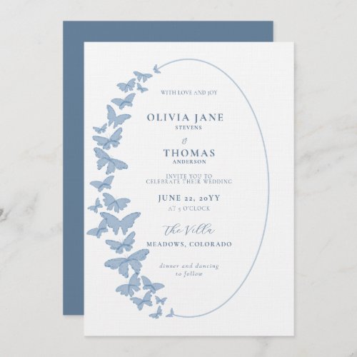 Boho Frame Dusty Blue Butterflies Elegant Wedding Invitation