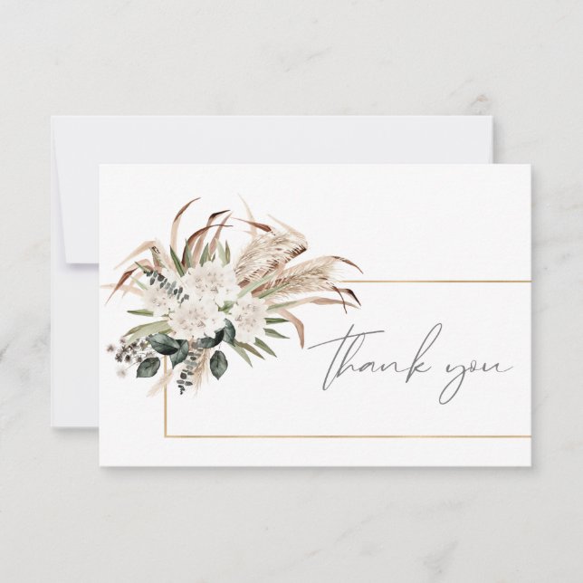 Boho Frame Palm Leaf & Pampas Grass & Beige Floral Thank You Card (Front)