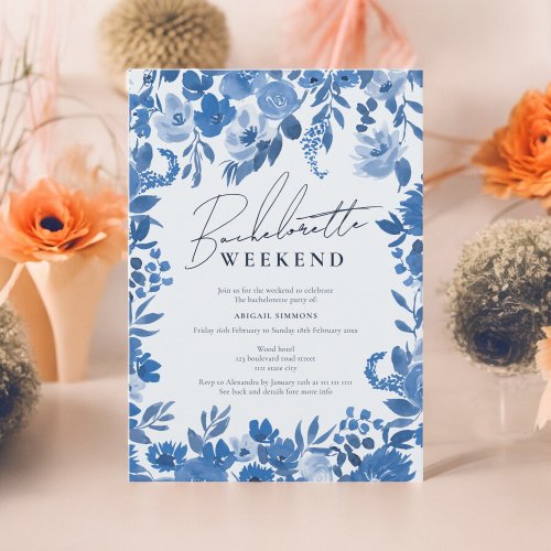 Boho French blue hand painted bachelorette weekend Invitation