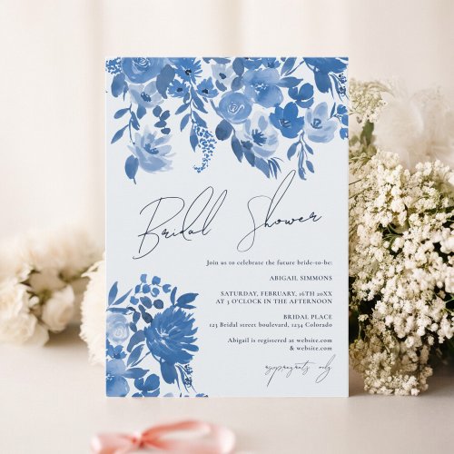 Boho french blue hand painted floral bridal shower invitation