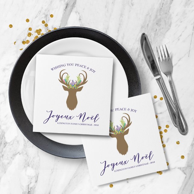 Boho French Christmas Reindeer Joy Noel Typography Napkins (Boho French Christmas Reindeer Joy Noel Typography Napkins)