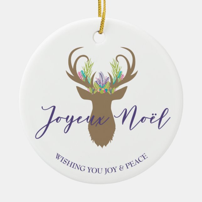 Boho French Christmas Reindeer Joyeaux Noel Photo Ceramic Ornament (Front)